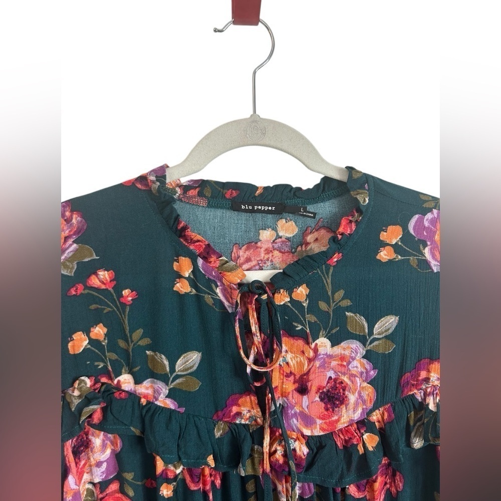 Blu Pepper Green Floral Ruffled Dress Lace Trim Bell Sleeves Womens Sz Large - Picture 7 of 14